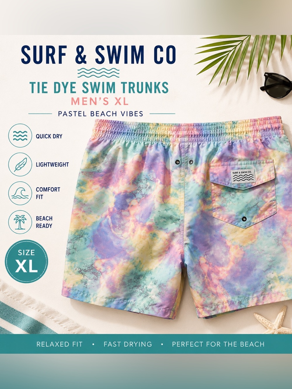Surf & Swim Co Tie Dye Swim Trunks Men’s XL Pastel Beach Board Shorts